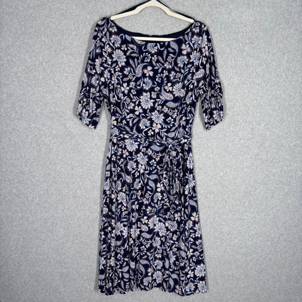Jessica Howard Paisley Knit Dress 16 Blue Floral Ruched Belt Knee Slinky Liquid